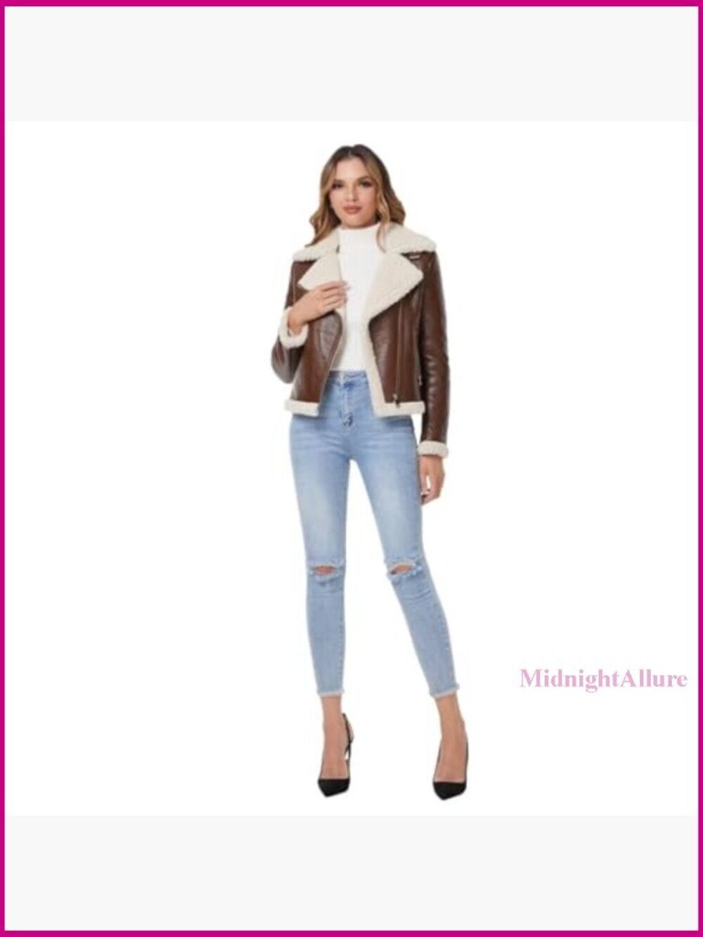 Faux Leather Fur Lined Winter Coat Aviator Style Regular Fit - Picture 3 of 7